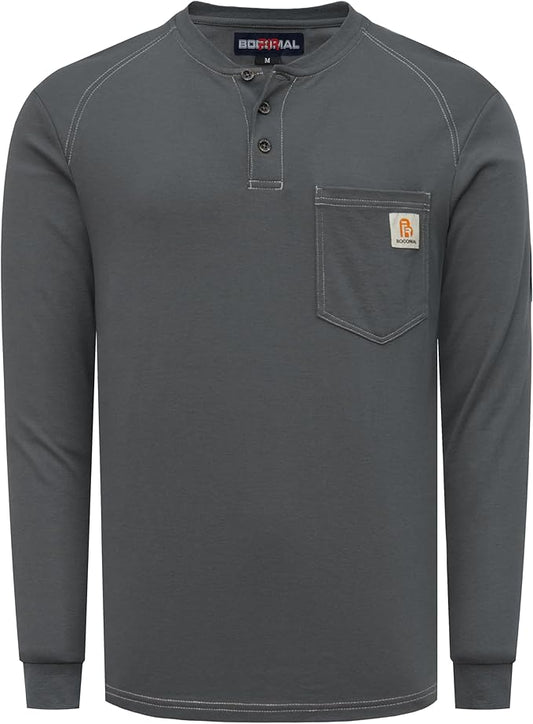 BOCOMAL Men's FR Shirt Pocket Henley Lightweight Flame Resistant Cotton Long Sleeve Workwear UL NFPA2112 CAT2 Welding Tee