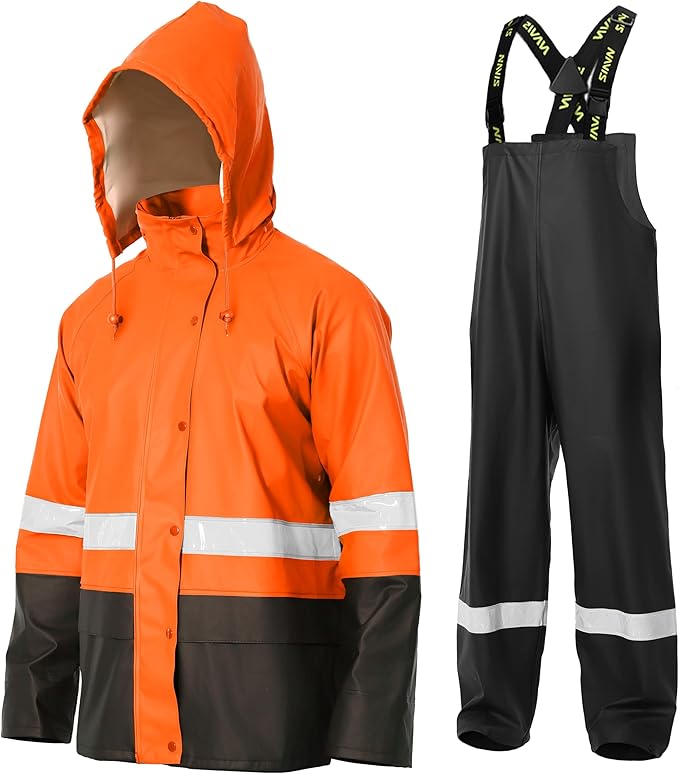 Men's Workwear PRO Rain Suit - Waterproof Jacket and Bib Pants 3-piece Set for Ultimate Safety and Comfort