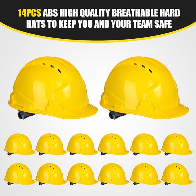 Leumoi 14 Pieces 4 Pt. Suspension Hard Hat Bulk Safety Helmets ABS Construction Hardhats Adjustable Ratchet Hard Hats with Vents and Cotton Brow Pad for Men Work Head Protection Supplies