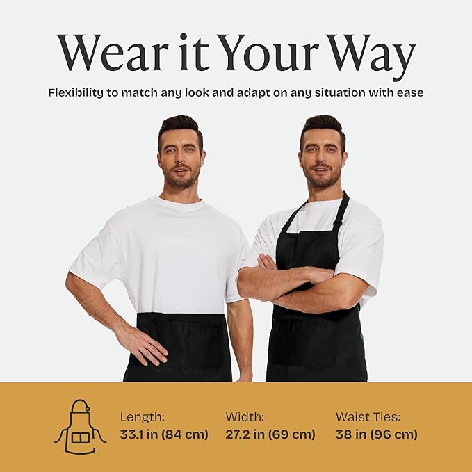 Will Well Chef Apron for Men and Women - 33" x 27" Large with 38" Waist Ties for a Comfy and Snug Fit, Durable and Lightweight, with 2 Spacious Pockets for Your Cooking Essentials - 1-Pack, Black