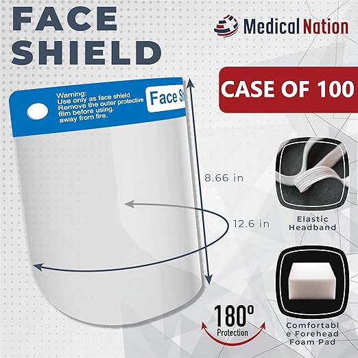 100 Pack Face Shields | Clear Plastic Face Shield for Women, Men & Kids, Anti-Fog, Lightweight Reusable Full Face Shield Mask, Safety Visor Cover with Comfortable Sponge & Elastic Band
