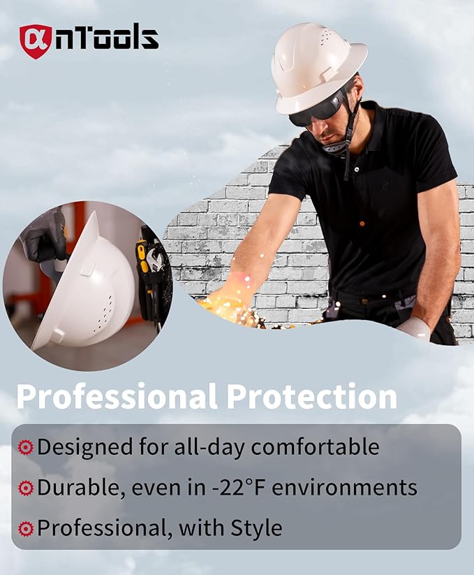 White Full Brim Hard Hat, OSHA Approved Construction Helmets for Men, 4-Point Adjustable Suspension, ANSI Z89.1