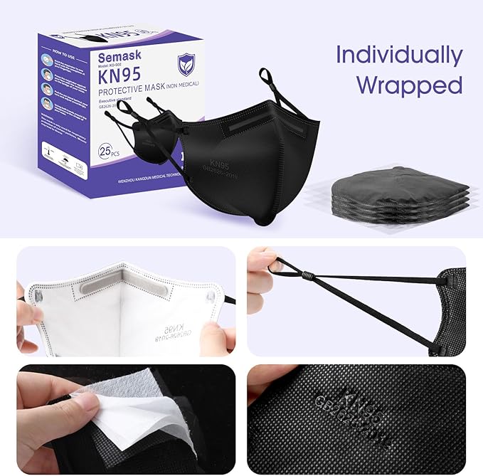 KN95 Adjustable Masks 25 Pack, Individually Wrapped Disposable Masks with Adjustable Ear Loops