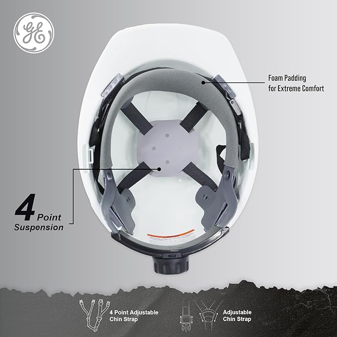 GE Cap Style Hard Hat, 4-Point Ratchet Suspension, Earmuff Slots, High Impact Resistant, Sweat-Wicking Sweatband, Meets ANSI Z89.1-2014, Comfortable, Durable, and Protective - White, Non-Vented