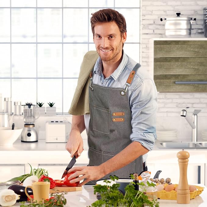 Chef Apron, Apron for Men Women with Adjustable Straps Cotton Canvas Cross Back Adjustable Apron with Pockets for Women and Men(Grey)