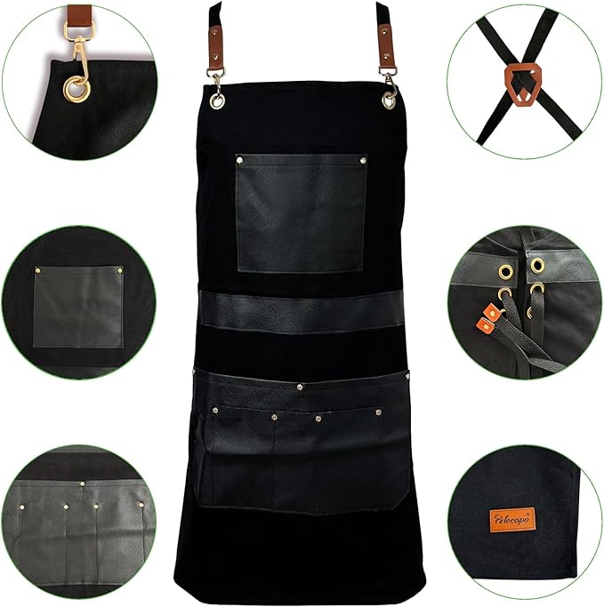 Barber Hair Stylists Working Apron Waterproof Canvas Chef Kitchen Apron with 6 Pockets
