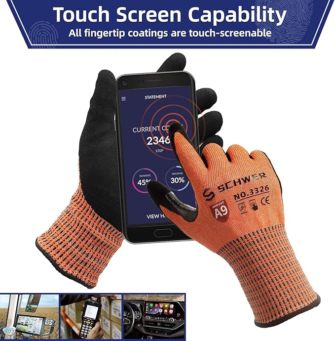 Schwer ProGuard Highest Level Cut Resistant Work Gloves PR3326 for Extreme Protection, ANSI A9 Cut Gloves with Reinforced Thumb, Non Slip, Non PFAS, Durable, Touch-screen, Orange 2 Pairs（M）