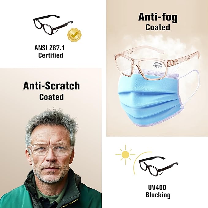 ProtectX Stylish Anti-Fog & Scratch-Resistant Safety Glasses With Readers, UV Protection Goggles, Anti-Impact Lightweight Glasses for Men＆Women Cold Brew Reading 1.5-6 Pack