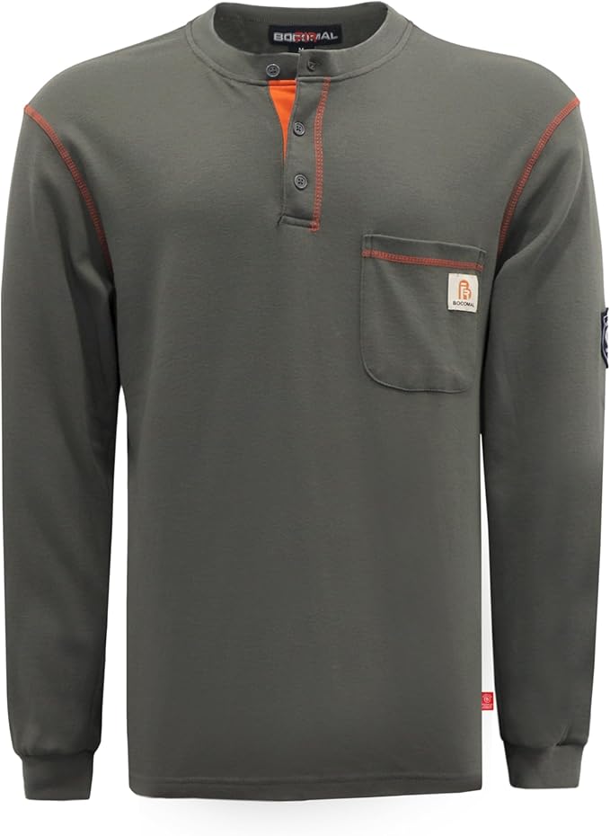 BOCOMAL FR Shirts Flame Resistant Henley Shirt NFPA2112/CAT2 7oz Men's Long Sleeve Fire Retardant Clothing