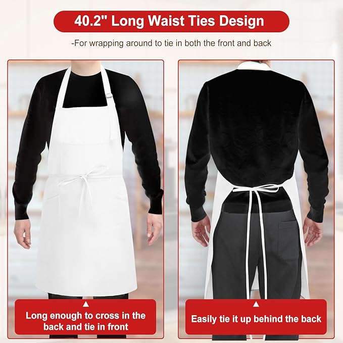 3 Pcs Dual Waterproof Oilproof Kitchen Chef Aprons with 4 Pockets for Men Women, Adjustable Soft Anti-Tear Cooking Bib Apron for Baking Grilling BBQ Painting Cleaning (White)