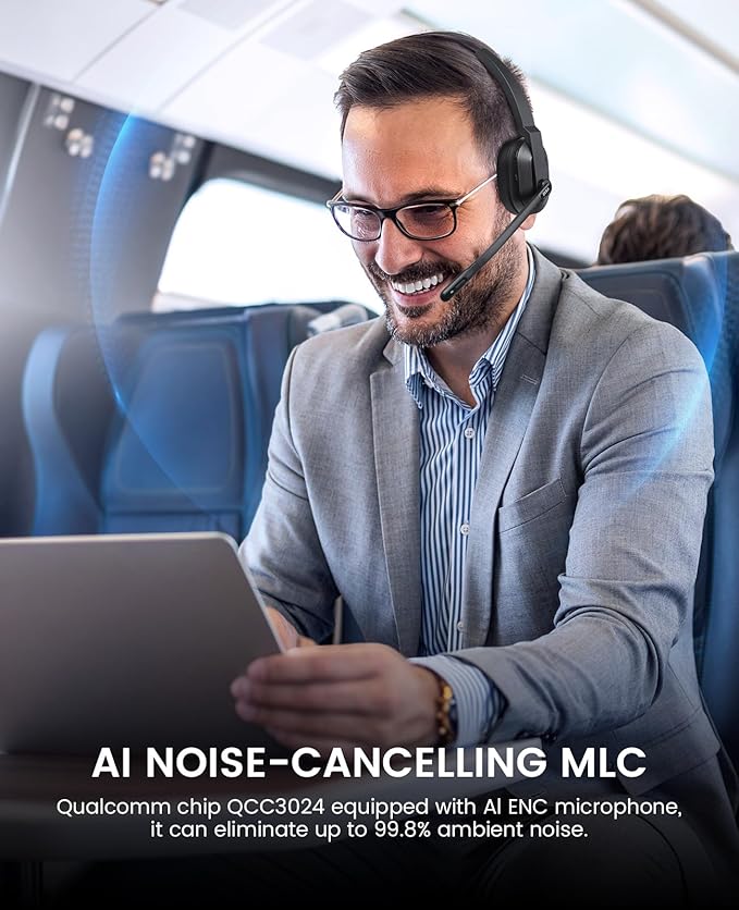 EKSA H5SE Bluetooth Headset, Wireless Headset with Microphone ENC Noise Cancellation [45hrs Playtime & 33ft Range], Wireless Business Headphones for Office/HomeOffice/Remote Work/Call Center