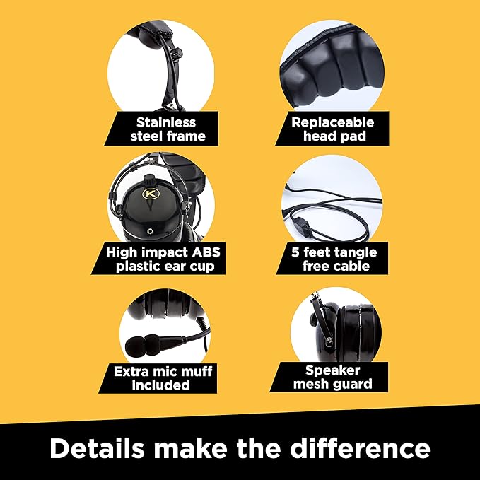 KA-1 General Aviation Headset for Pilots - Mono and Stereo Compatibility, Passive Noise Reduction, Noise Canceling Microphone, Gel Ear Seals, Adjustable Headband & Headset Bag