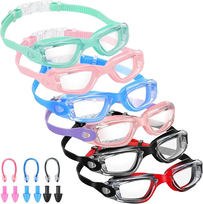 Flutesan 6 Pack Swimming Goggles Adult Kids Anti Fog Pool Goggles with Ear Plugs Nose Clip No Leaking Full Protection