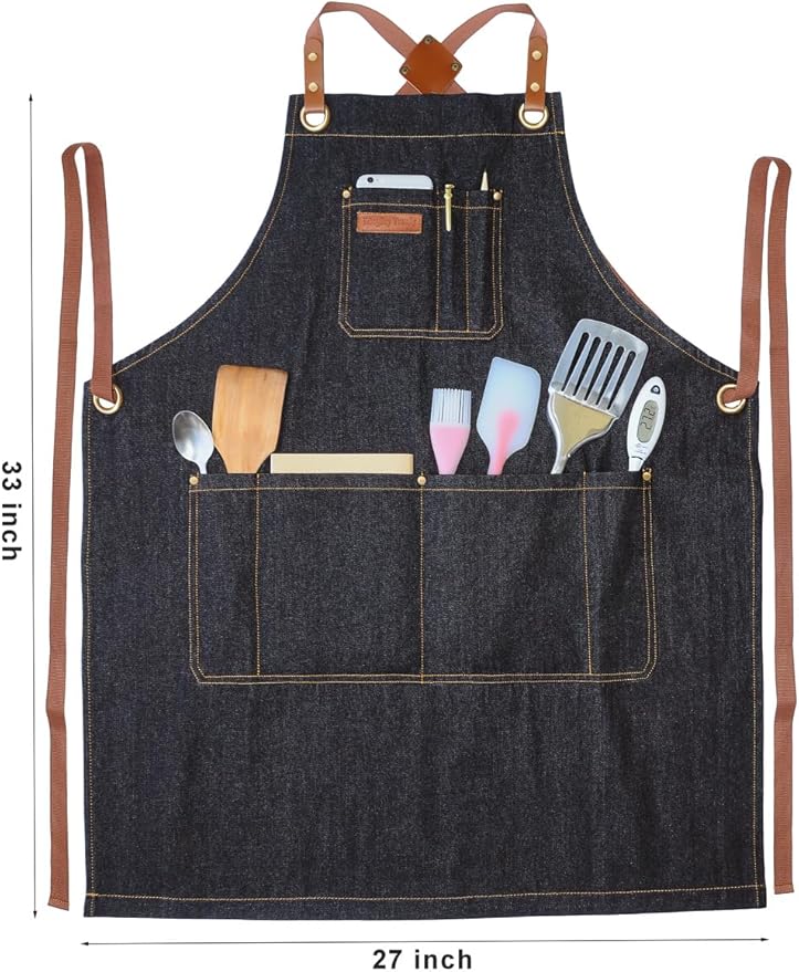 Professional Black Denim Apron with Pockets for Cooking Chef Kitchen Grill BBQ Hairstylist Painting, Mens Womens Apron with Leather Cross Back Straps