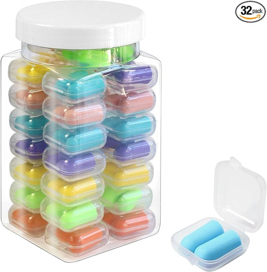 Calmi Multi-Color Ear Plugs for Noise Reduction 32 Pairs with Individual Cases 7 Green + 5 Each in Pink/Purple/Orange/Blue/Yellow 33dB NRR Foam Earplugs for Sleep/Snoring/Travel/Work/Concerts/Studying