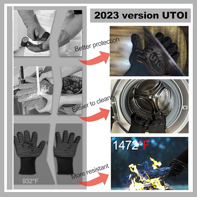 BBQ Grill Gloves, 1472F Heat Resistant Barbecue Oven Mitts, Silicone Non-Slip Cooking Gloves for Kitchen, Grilling and Baking, EN407 Certified, 13 inch Long, Black, XL Size, 1 Pair