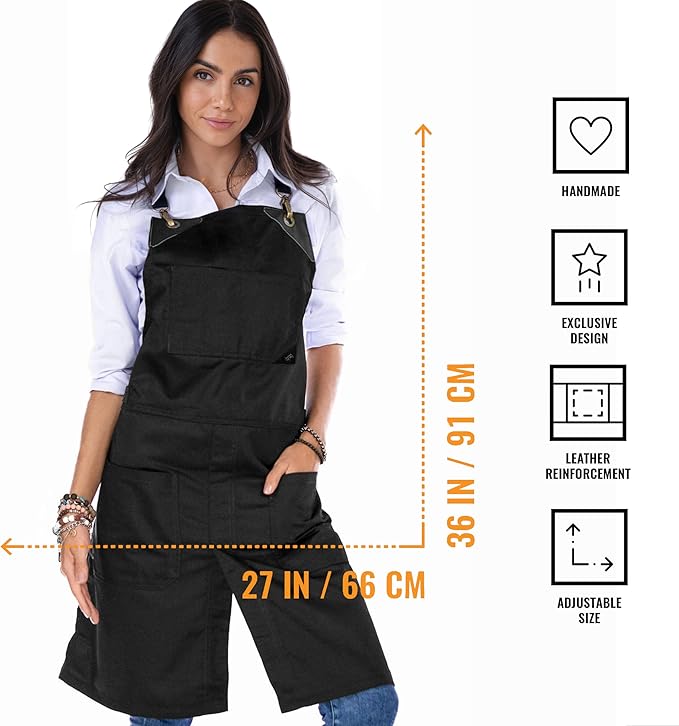 Under NY Sky Cross-Back Deep Black Apron - Durable Twill with Leather Reinforcement and Split-Leg - Adjustable for Men and Women - Pro Chef, Tattoo, Baker, Barista, Bartender, Stylist, Server Aprons