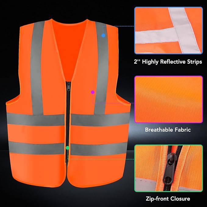 3-Pack Reflective Safety Vest For Women Men - High-Visibility Safety Vest with 2in Reflective Strips for Emergency, Construction, and Safety Use-Orange M