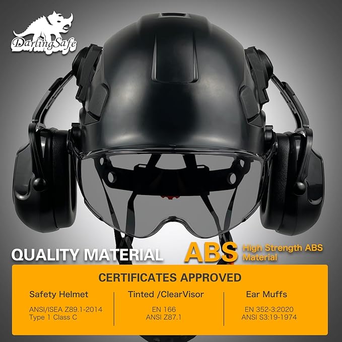 Hard Hat with Visor Ear Muffs Vented Safety Helmet with Visor Earmuffs ANSI Z89.1 Outdoor Work Hardhats Construction