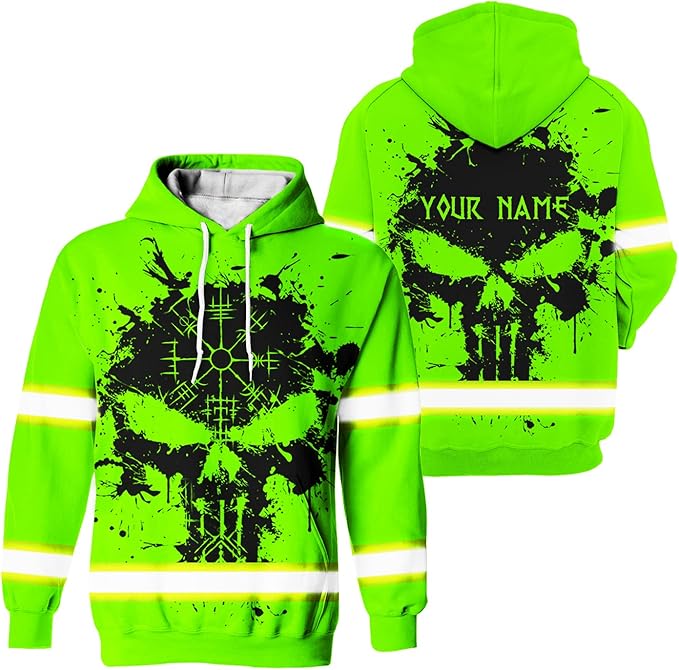 Matedecor Skull High Visibility Shirt Men Reflective Safety Shirts US Flag Custom Name Workwear, Runners, Walkers, Patriotic