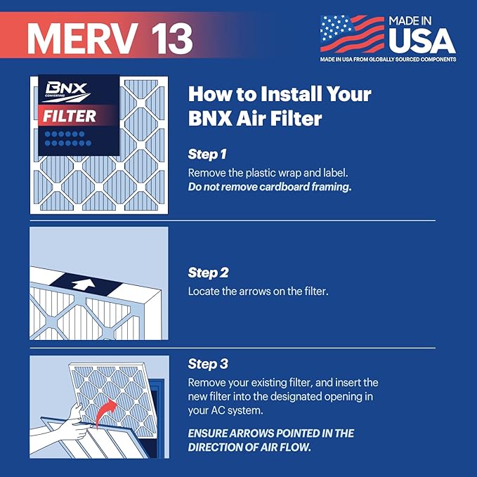 BNX TruFilter 14x25x1 Air Filter MERV 13 (6-Pack) - MADE IN USA - Electrostatic Pleated Air Conditioner HVAC AC Furnace Filters for Allergies, Pollen, Mold, Bacteria, Smoke, Allergen, MPR 1900 FPR 10