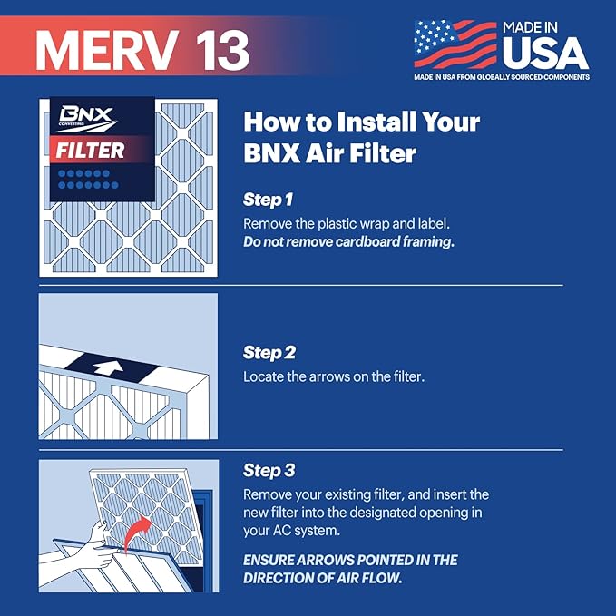 BNX TruFilter 16x16x1 Air Filter MERV 13 (6-Pack) - MADE IN USA - Electrostatic Pleated Air Conditioner HVAC AC Furnace Filters for Allergies, Pollen, Mold, Bacteria, Smoke, Allergen, MPR 1900 FPR 10