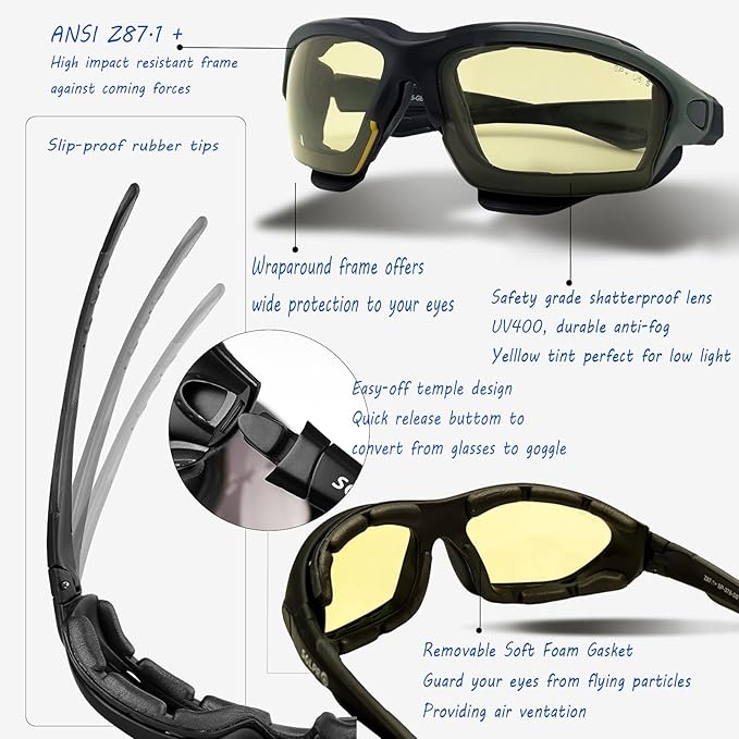 Powersports Glasses Safety Motorcycle Goggle, Anti-fog, Wrap around, Windproof, Hunting, Riding, Mowing,Men and Women