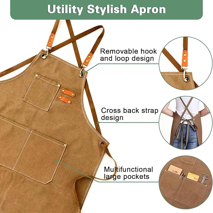 Chef Apron, Aprons for Men,Adjustable Strap Cotton Canvas Cross Back Apron for Kitchen Cooking Baking Bib Apron