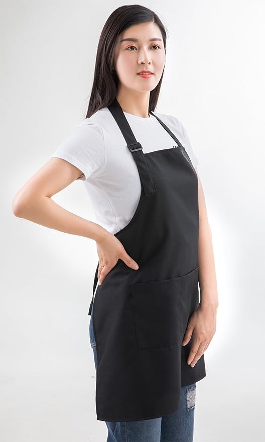 (5 set Black Professional Resist Water Adjustable Extra Long Bib Apron 3 Pockets Home Kitchen Garden Restaurant Cafe Bar Pub Bakery for Cooking Chef Baker Servers Craft Unisex