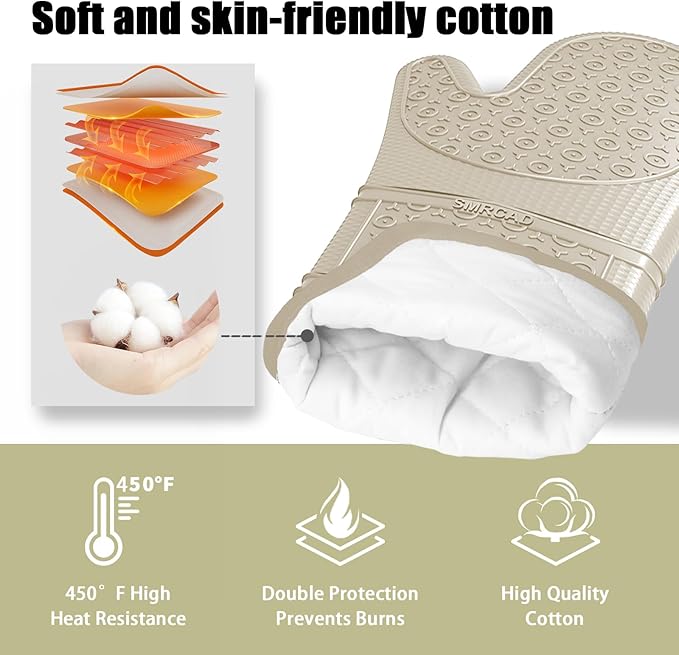 Oven Mitts with Heat-Resistant Hot Pads and Five Silicone Spatulas Designed for Kitchen Baking Cooking, Oven Glove Soft Cotton Lining, Waterproof, BPA-Free (Beige, 15.7)
