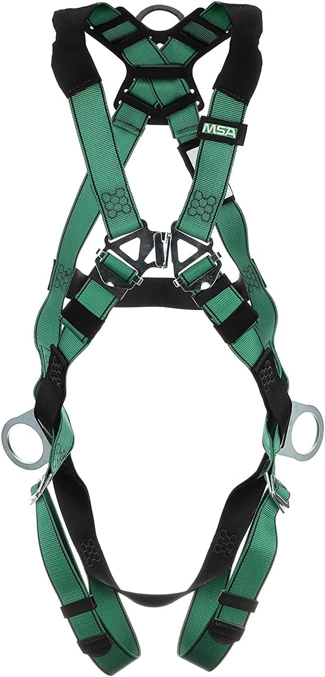 MSA 10197200 V-Form Full Body Safety Harness - Size: Standard (Medium), D-Ring Configuration: Back/Hip, Qwik Fit Leg Straps, Color: Green, Full Body Harness, Durable