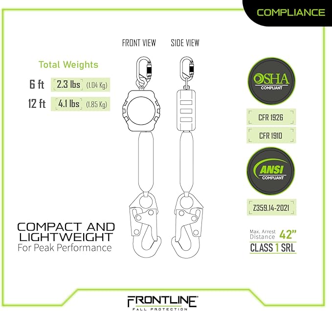 Frontline RPA061S 6' Aramid Web Single Leg SRL with Steel Snap Hook | Lightweight, Durable & Compact | 310 lbs Capacity | Aramid Fiber Webbing | ANSI & OSHA Compliant | ISO Lab Tested (2 Pack)