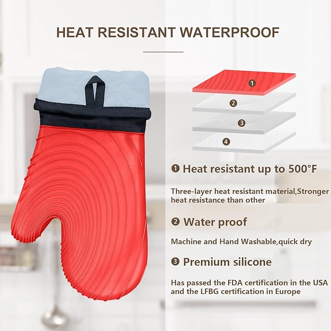 Silicone Oven Mitts-13.6 in Extended Oven Mitts Heat Resistant 500F, Oven Gloves with Soft Liner Good Grippy BPA-Free Easy to Clean Flexible-Oven Mits Set for Cooking Baking Grilling BBQ