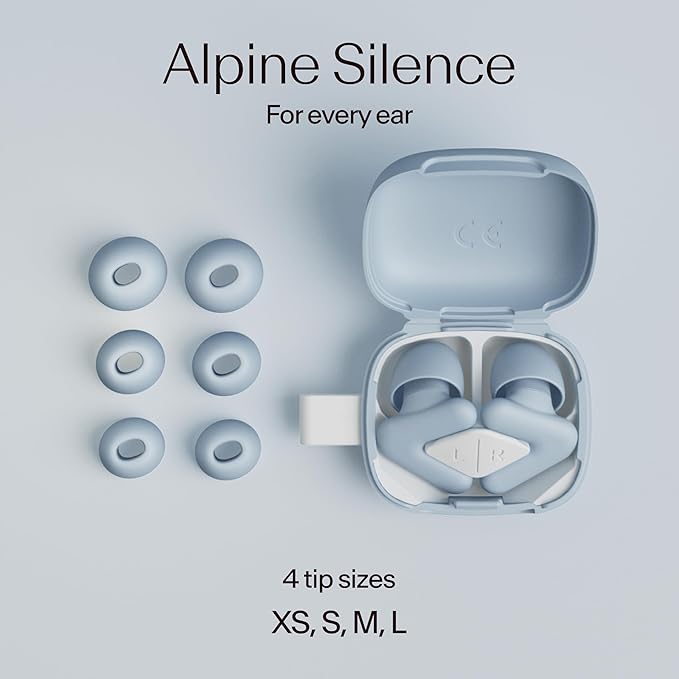 Alpine Silence Earplugs for Sleep, Focus & Travel - V-Shape Snug Fit & Soft Oval Tips – 4 Sizes XS/S/M/L - Comfortable, Reusable Hearing Protection - 22dB – Blue