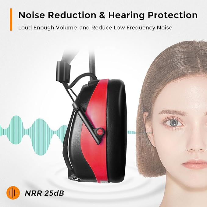 AM/FM Radio Headphones 25dB NRR,Noise Reduction Safety Earmuffs,Digital Display Headset,Powered by AA Battery,Hearing Protection for Walkman Mowing Lawn Work(Red)