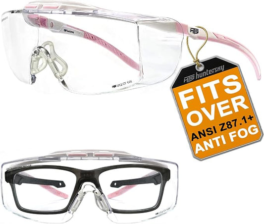 HUNTERSKY ANSI Z87 Anti Fog Lab Safety Glasses Fit Over Eyeglasses Up to 1.88 inch 100% UV Protective Goggles
