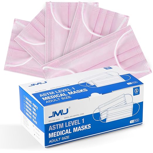 JMU 50pcs 3 Ply Pink Disposable Face Mask, Medical Grade, Comfortable & Breathable Suitable for Protection