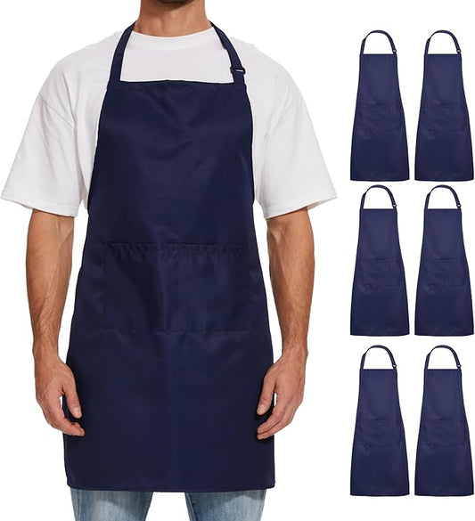 Will Well Kitchen Apron for Men and Women - 33" x 27" Oil-and-Water-Resistant with Adjustable Neck Strap and 38" Waist Ties for a Snug Fit, Lightweight with 2 Front Pockets - 6-Pack, Navy