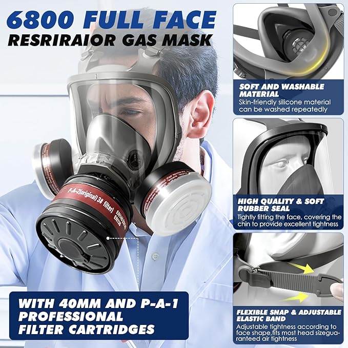 Full Face Gas Masks Survival Nuclear and Chemical, Reusable Full Face Respirator Gas Mask with Activated Carbon Filter