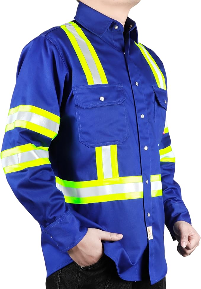 BOCOMAL FR Shirts High Visibility/Hi Vis Flame Resistant/Fire Retardant Shirt 7.5oz Men's Reflective Shirts