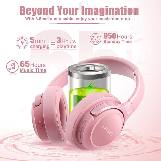 BERIBES Bluetooth Headphones Over Ear, 65H Playtime and 6 EQ Music Modes Wireless with Microphone, HiFi Stereo Foldable Lightweight Headset (Pink)