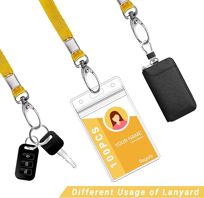 Segarty Lanyards with ID Holder, 100 Pack Vertical Badge Clear Plastic Name Tags Neck Key Card Bulk, Yellow Strap Clips Waterproof Ziplock Nametag Protector for Women, Business, Student, School