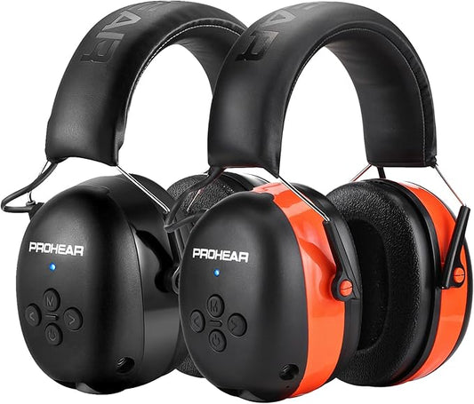 PROHEAR 037 2 Pack Bluetooth 5.3 Hearing Protection Headphones with Rechargeable, 30dB SNR Safety Noise Reduction Ear Muffs for Mowing Workshops Snowblowing, Black and Orange
