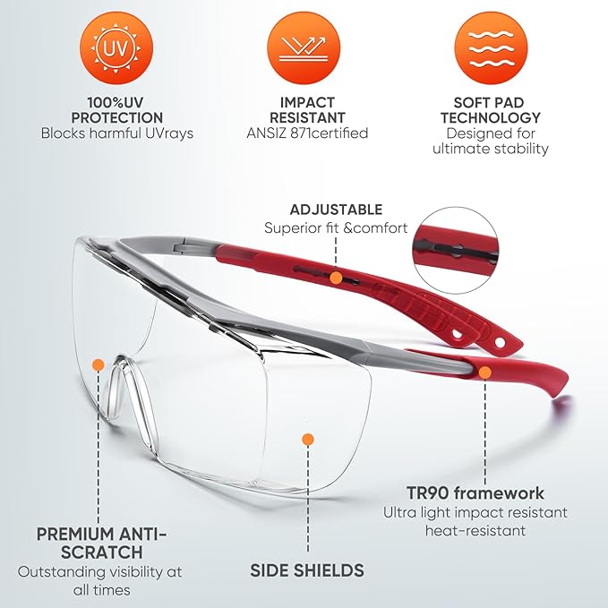 Safety Glasses Over Eyeglasses, Anti Fog&Scratch-Resistant Lenses, Adjustable Protective Eyewear Goggles, ANSI Z87 Certified Laboratory Safety Goggles and Shooting Glasses(Clear Lens)