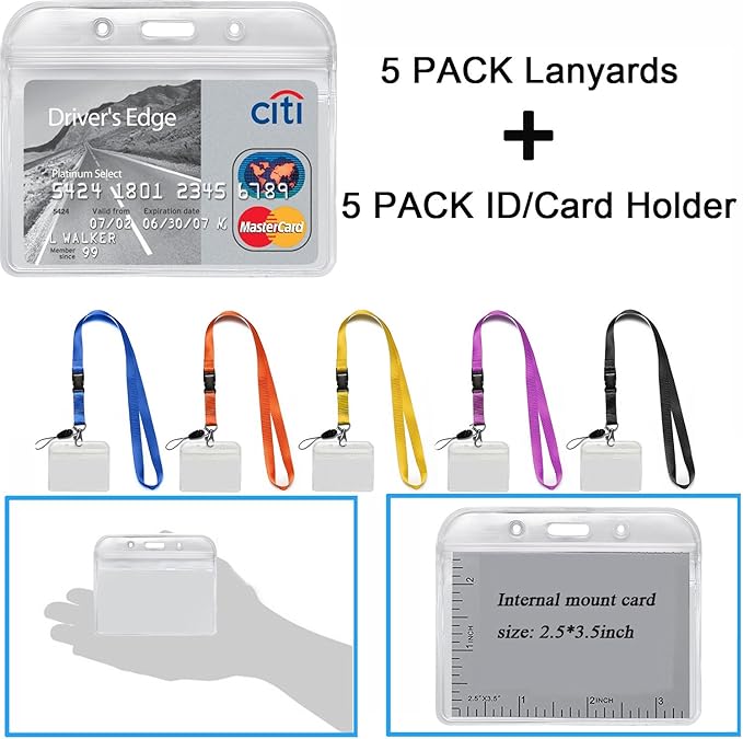 YOUOWO 5Pack Neck Lanyards with Horizontal ID Badge For Office Cruise Badges Holder,Black Blue Yellow Orange Purple