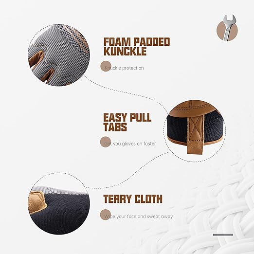 HANDLANDY Leather Work Gloves Mens & Women, Utility Safety Mechanic Working Gloves Touch Screen, Flexible Breathable Yard Work Gloves (Large, Brown-Cowhide Palm)