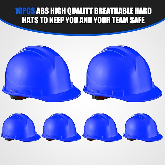 Leumoi 10 Pcs Suspension Hard Hat, Construction Hard Hat for Safety, Ratchet Cap Style with Self Adjusting Crown Straps for Man Woman