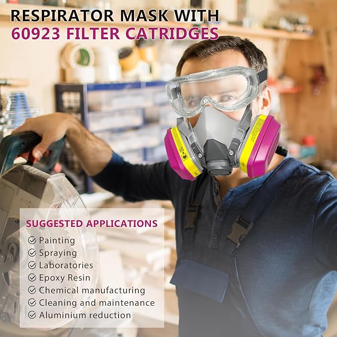 Respirator Mask for Chemical - Half Facepiece Respirator Mask with 60923 Filter for Organic Vapors Epoxy Resin Dust Painting Construction Sanding