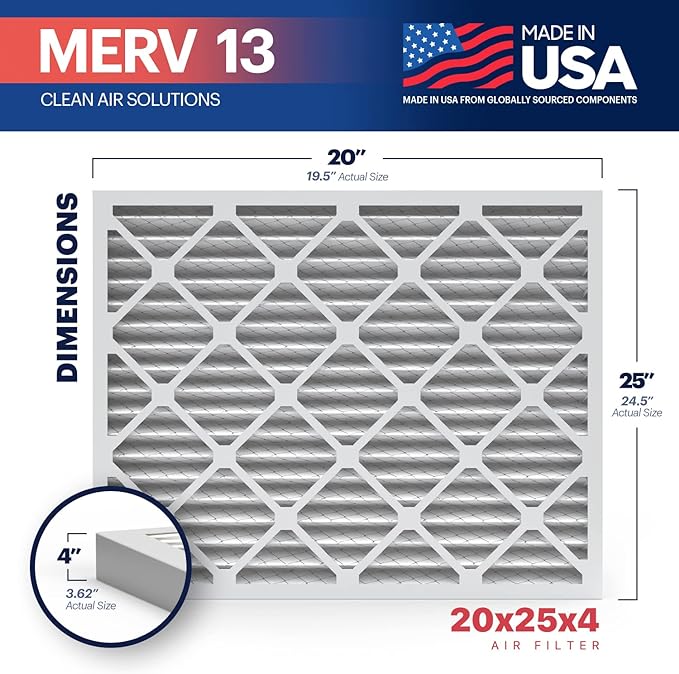 BNX TruFilter 20x25x4 (19.5’’ x 24.5’’ x 3.63‘’ Slim Fit) MERV 13 Air Filter (2-Pack) - MADE IN USA - Air Conditioner HVAC AC Furnace Filters Health, Allergies, Mold, Bacteria, Smoke, MPR 1900 FPR 10