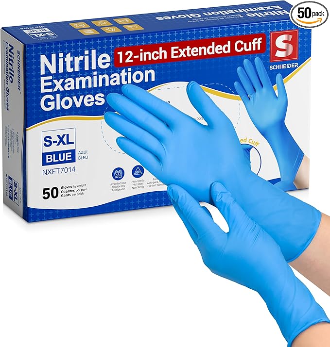 Schneider Nitrile Exam Gloves, Extended 12 Inches Cuff, Medium, 4 mil, 50-ct Box, Gloves Disposable Latex Free, Powder Free for Medical, Food Prep, Cleaning, Cooking, Blue